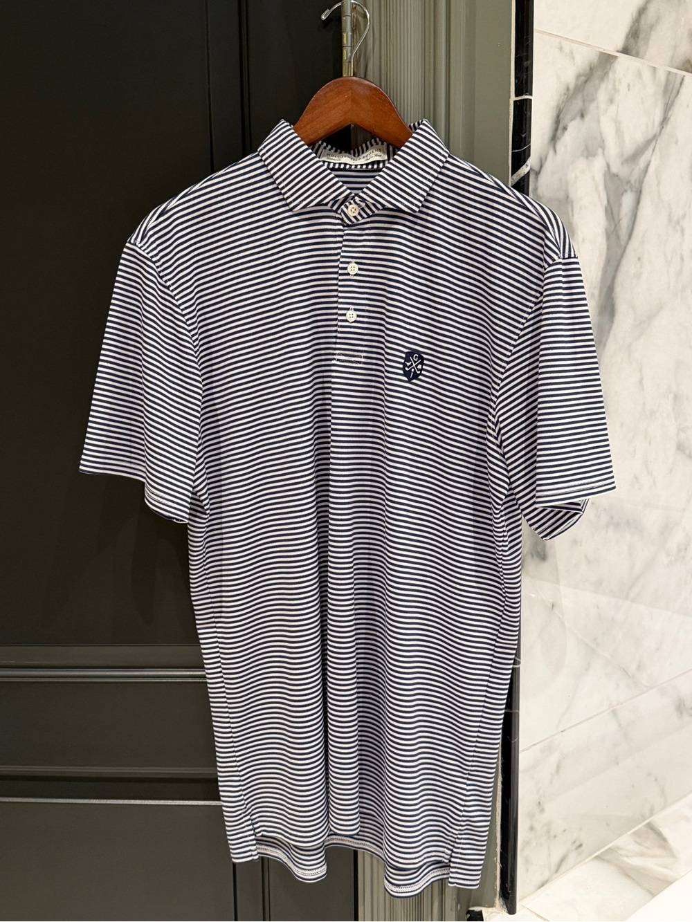 Men's Navy and White Striped Polo Shirt